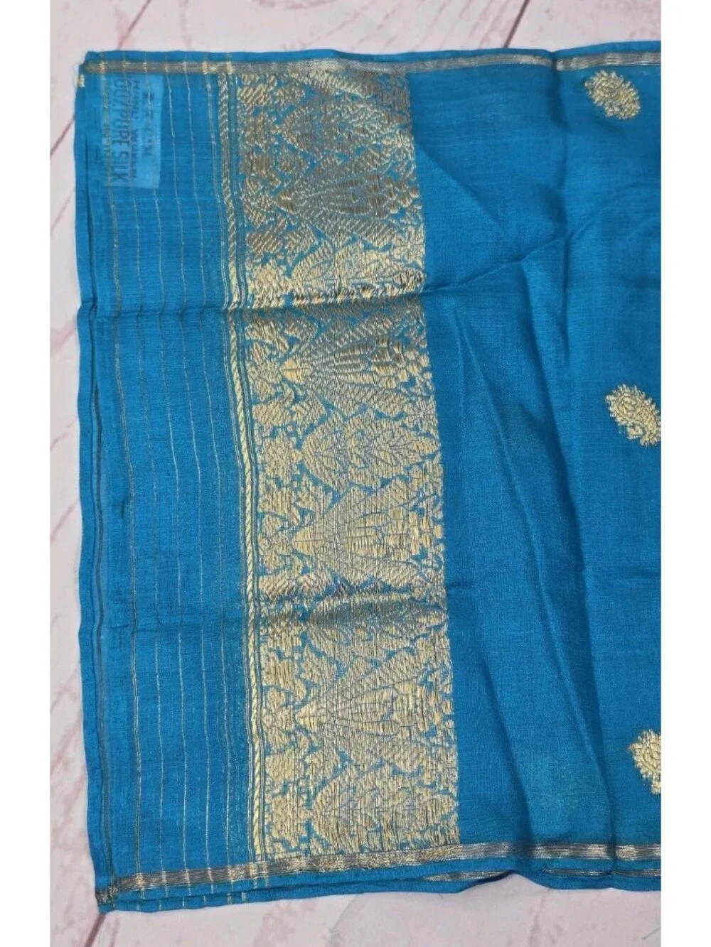 Hand Woven 100% Pure Silk TOURQOUISE GOLD Made in India Saree Scarf @ 45